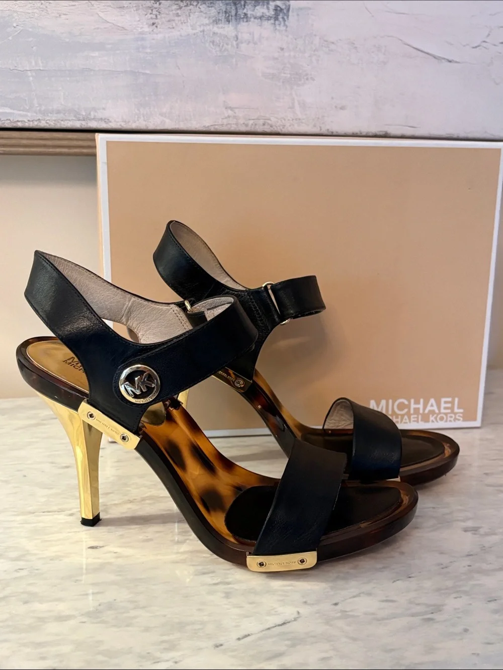 Michael Kors Black Leather Lani Sandals with Gold Accents size 9